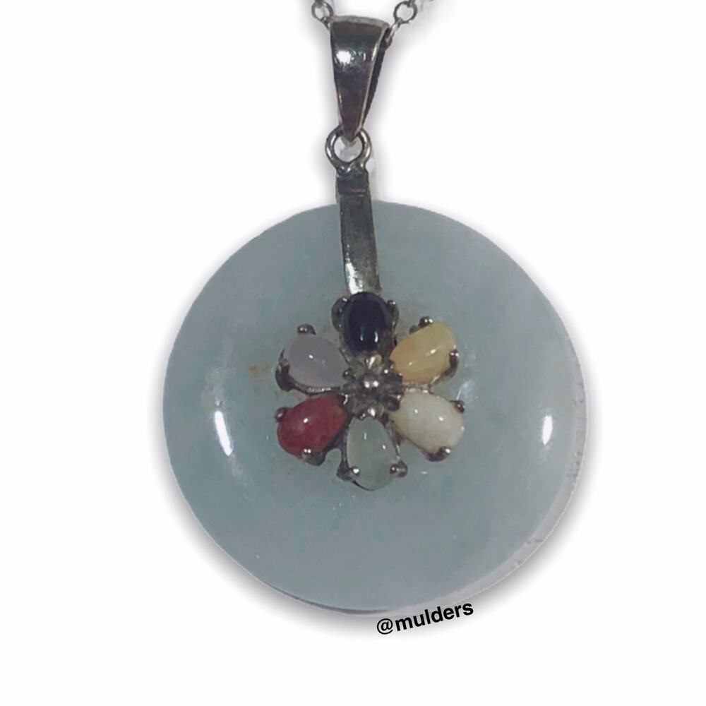 Vintage Sterling Silver 925 Jade Flower Necklace